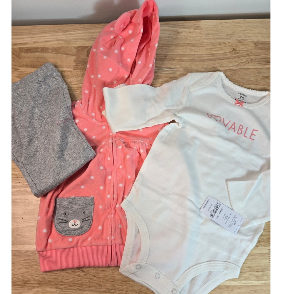 Carters Baby Girls 3 Piece Micro Fleece Vest Bodysuit Pants Set 24M Pink Gray